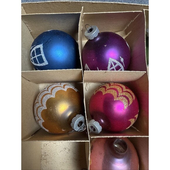 Vtg Pyramid Glass Ornaments Box 11 Stencil Glitter Solid Xmas USA READ Pink Blu - Picture 4 of 9